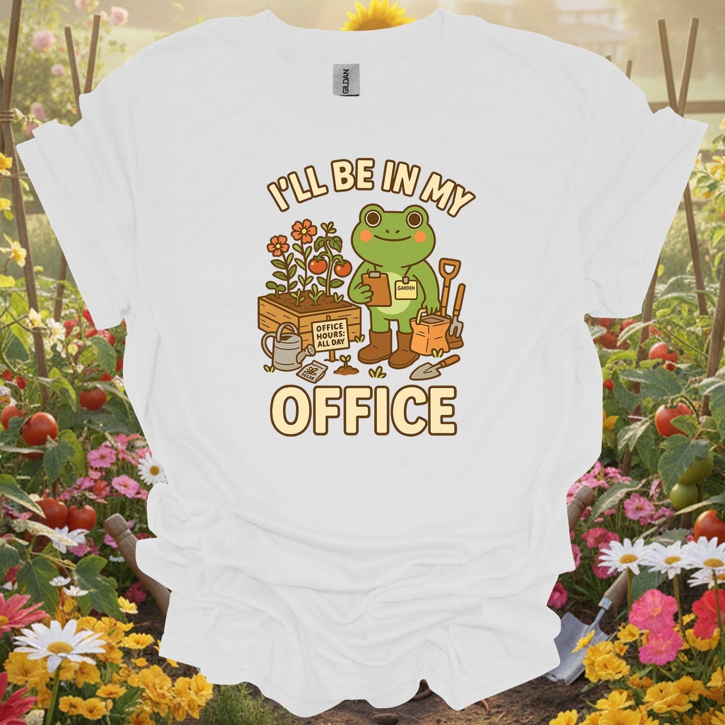White tshirt showing i'll be in my office frog gardener for gardening enthusiasts