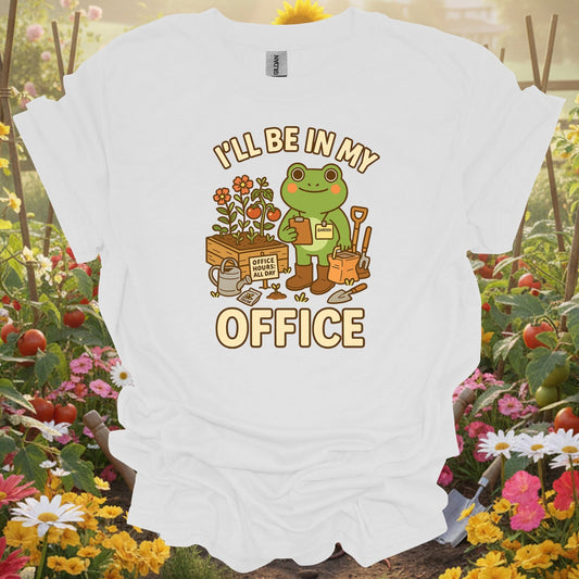 White tshirt showing i'll be in my office frog gardener for gardening enthusiasts