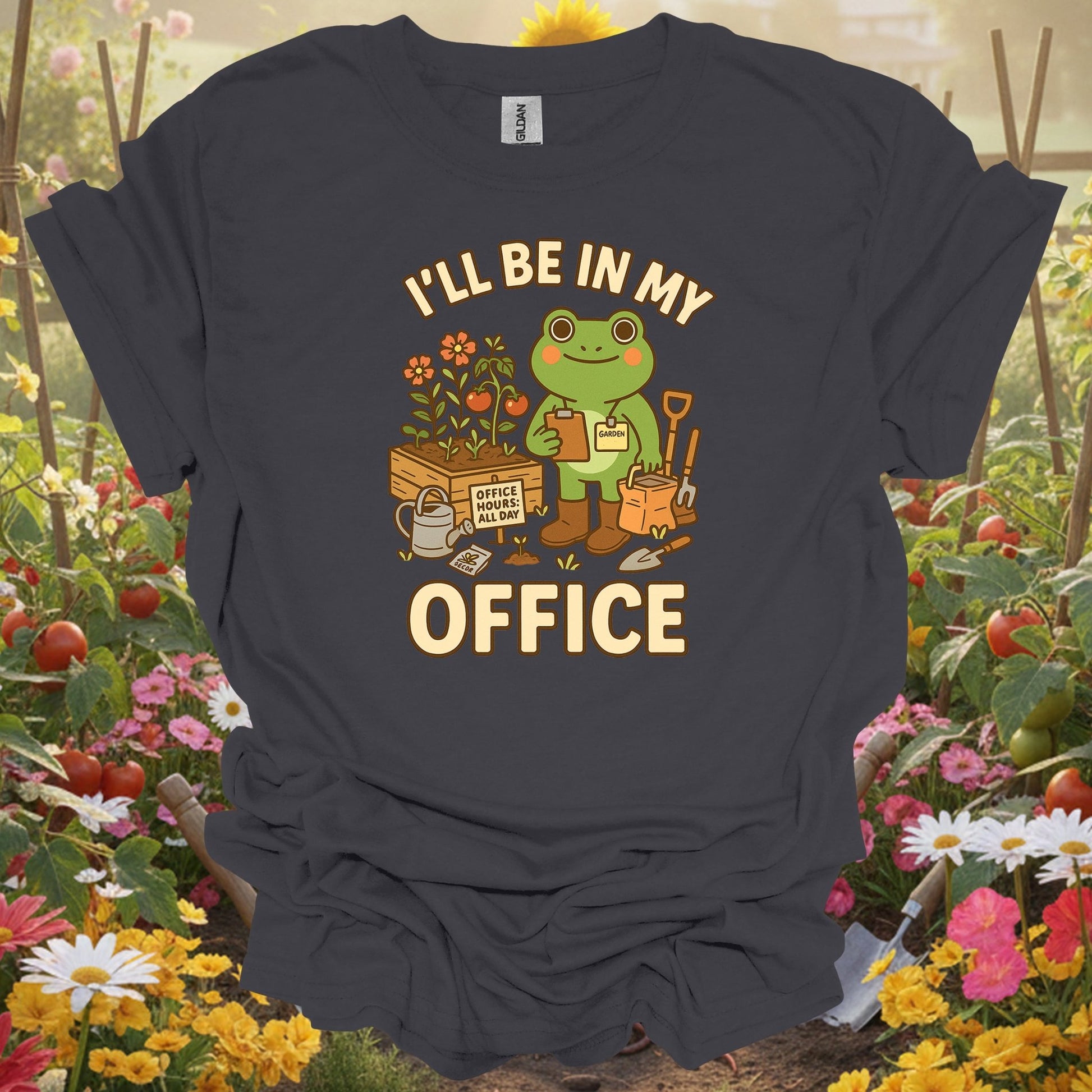 Charcoal tee showing i'll be in my office frog gardener for plant lovers