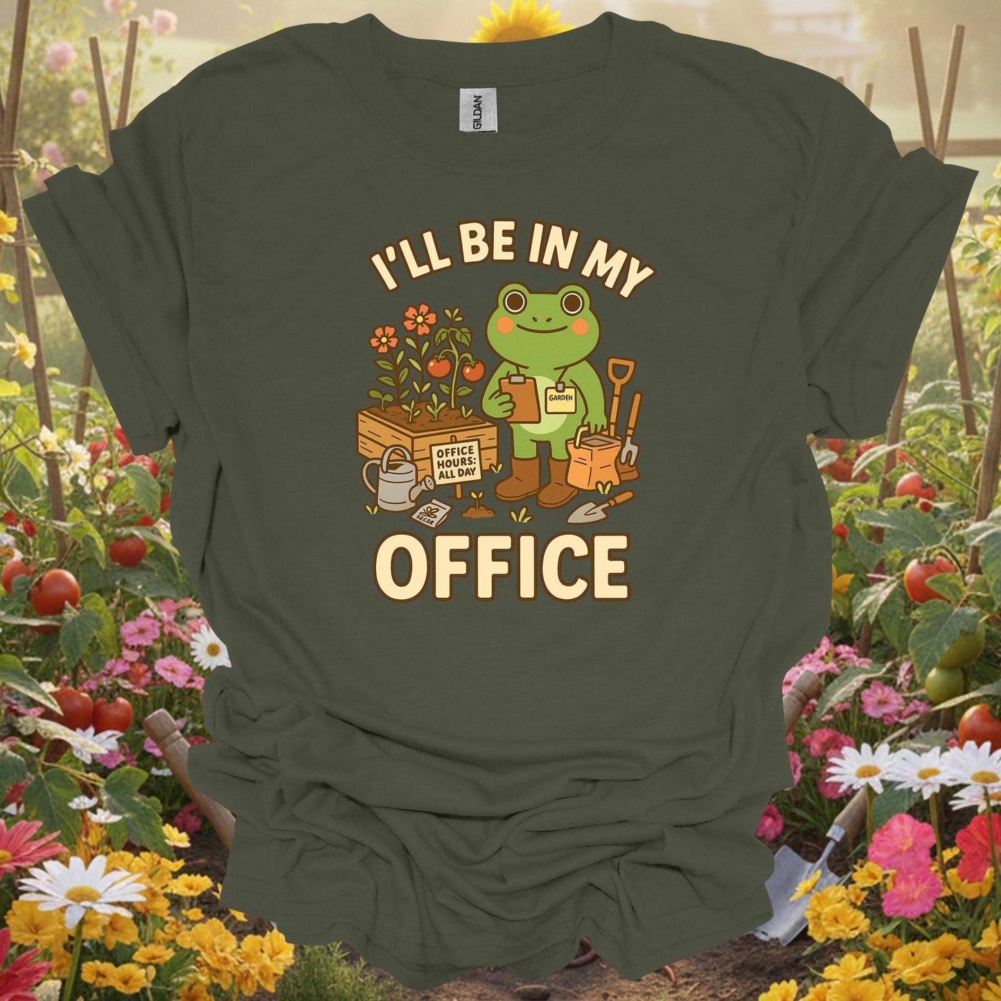 Military Green top showing i'll be in my office frog gardener for nature lovers