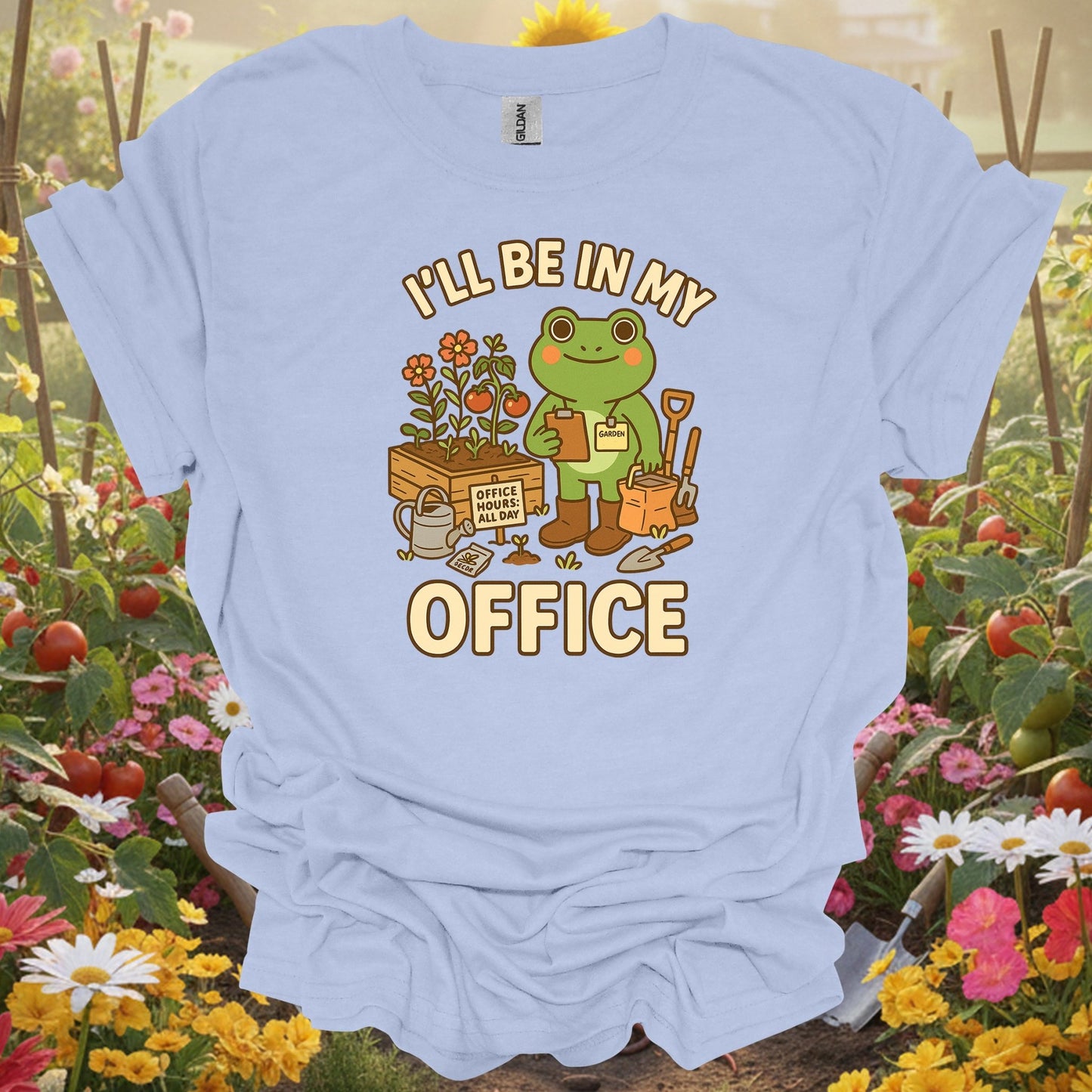 Light Blue shirt showing i'll be in my office frog gardener for home gardeners