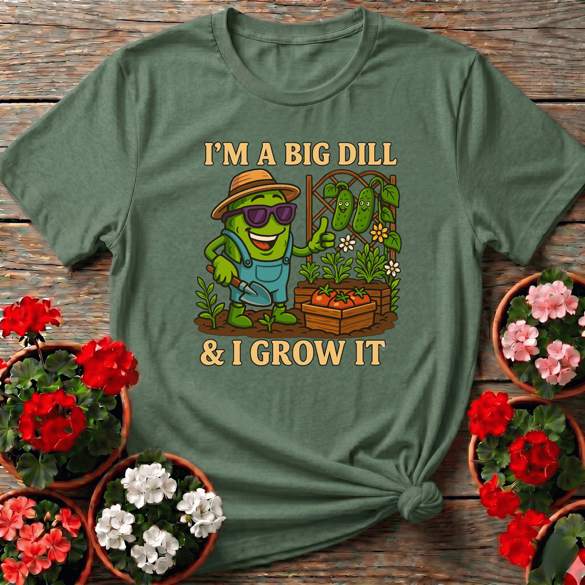 Military Green retro cartoon cucumber pun gardening shirt for serious vegetable growers