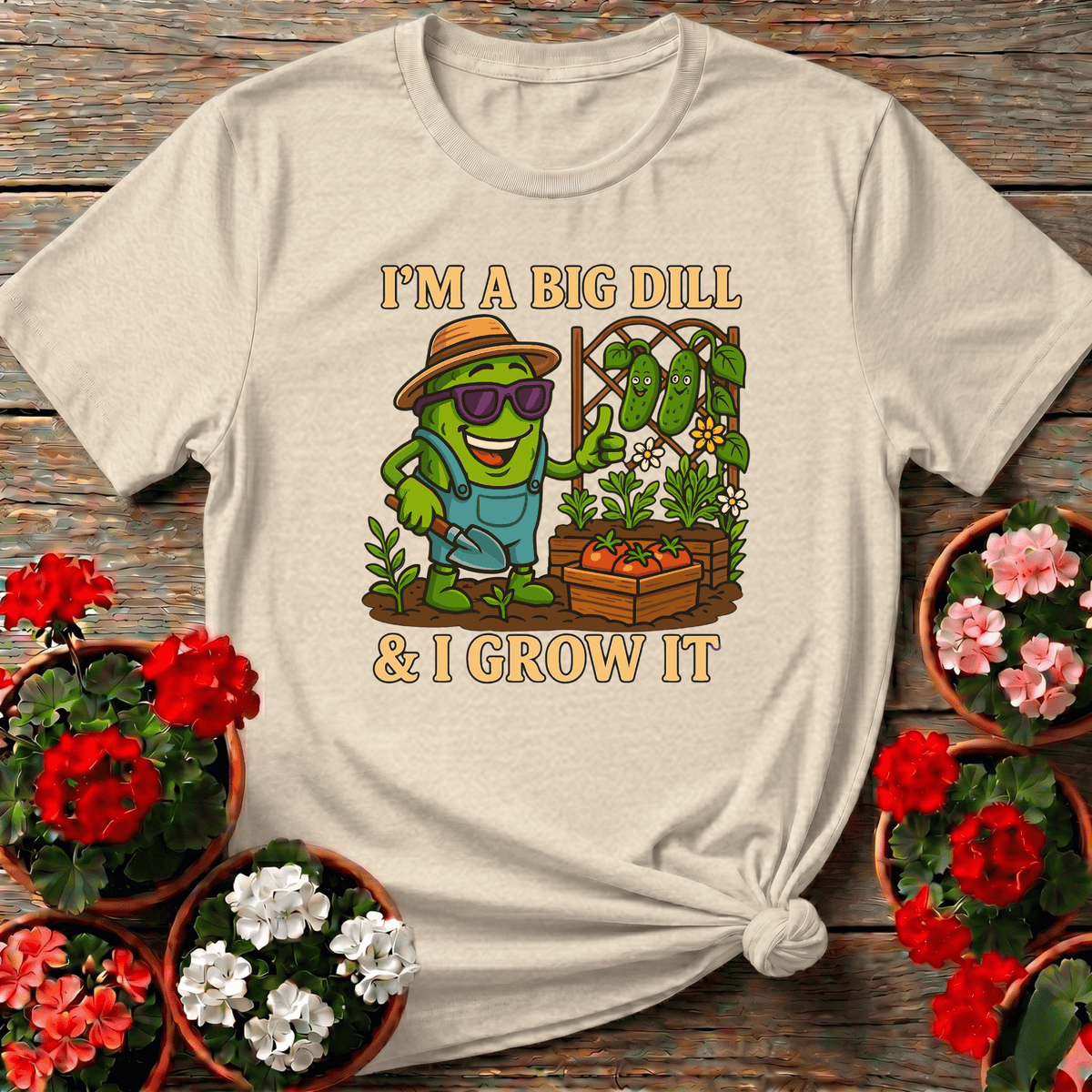 Natural warm-toned kawaii vegetable garden t-shirt "I'm A Big Dill And I Grow It" for plant lovers