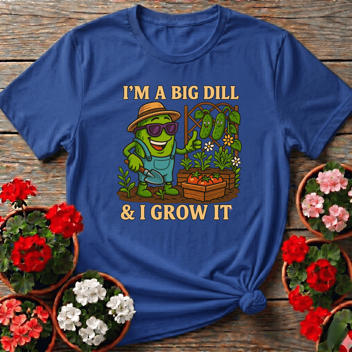 Royal bright retro-style cucumber character gardening tee for vegetable garden humor lovers