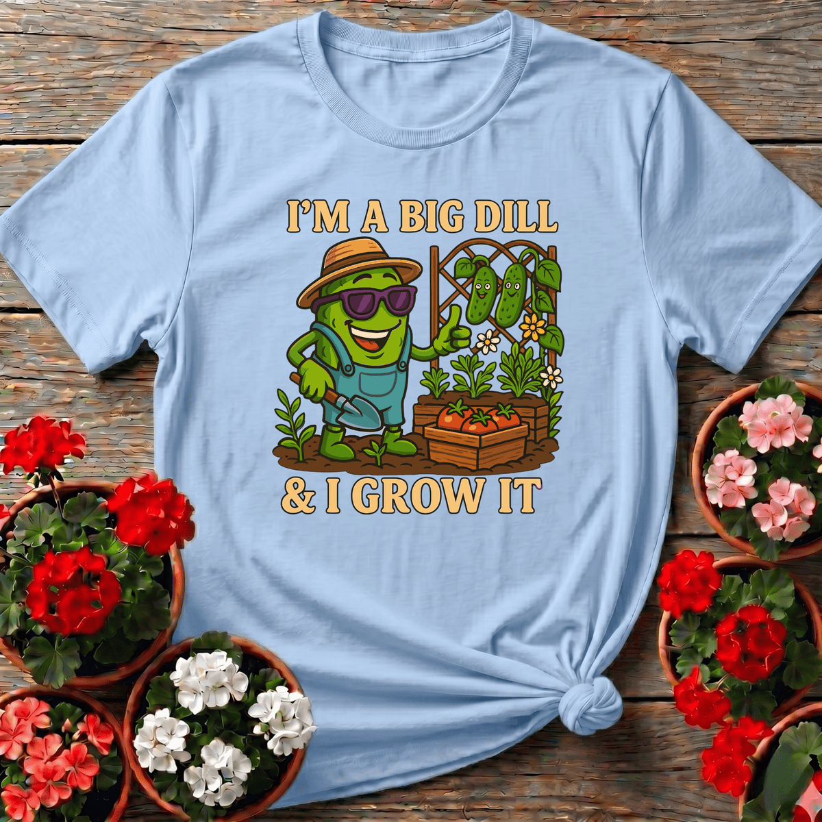 Light Blue cheerful vegetable garden humor tee with cartoon cucumber character for gardening fans