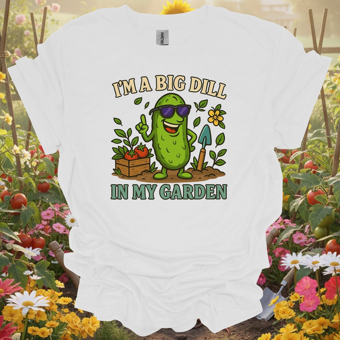White shirt showing i'm a big dill in my garden funny pickle for outdoor enthusiasts