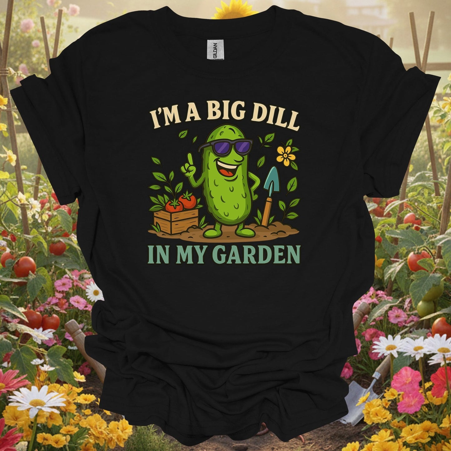 Black tshirt showing i'm a big dill in my garden funny pickle for gardening enthusiasts