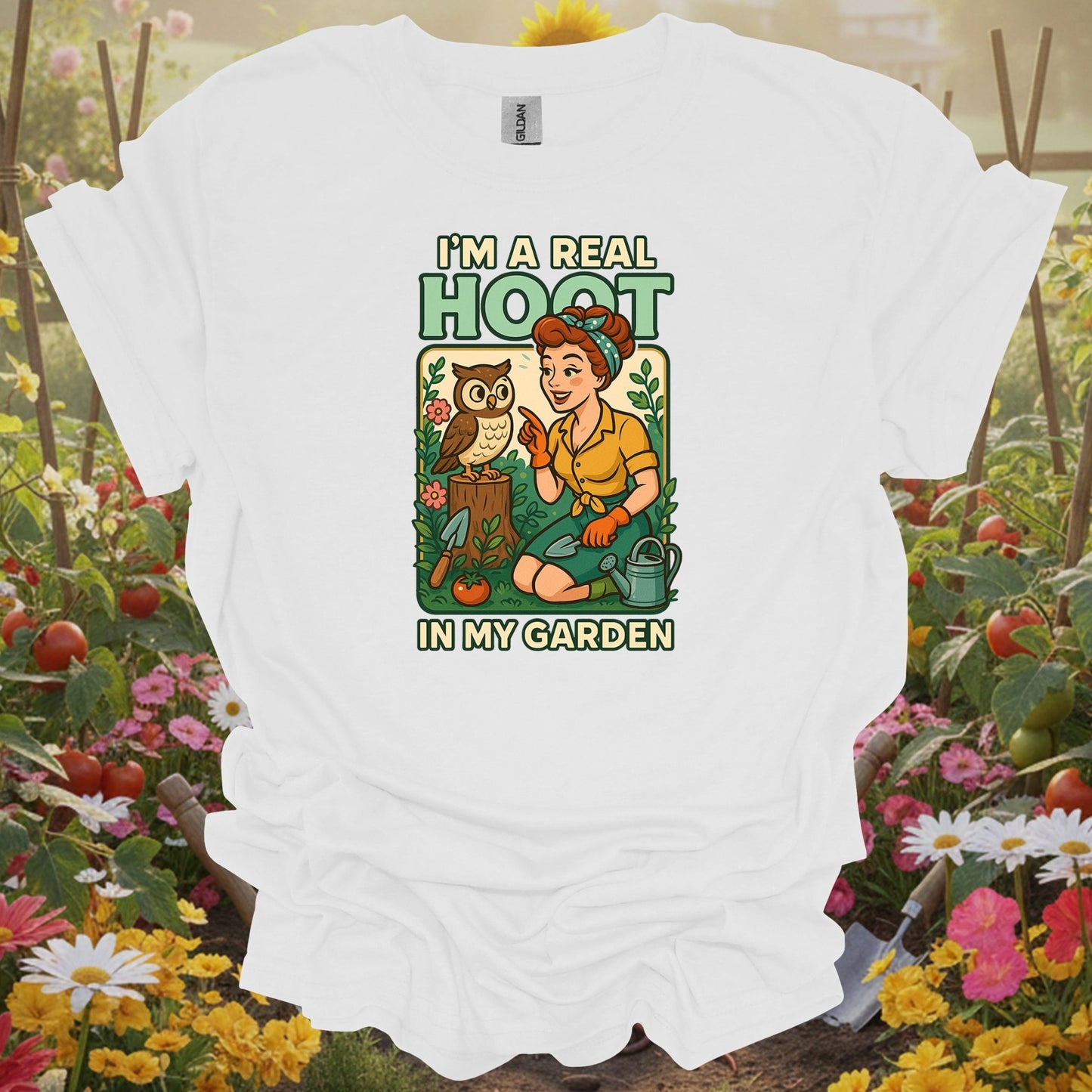 White tshirt showing a charming owl who represents the wise and slightly cynical spirit of a veteran gardener for empty nesters redesigning garden spaces