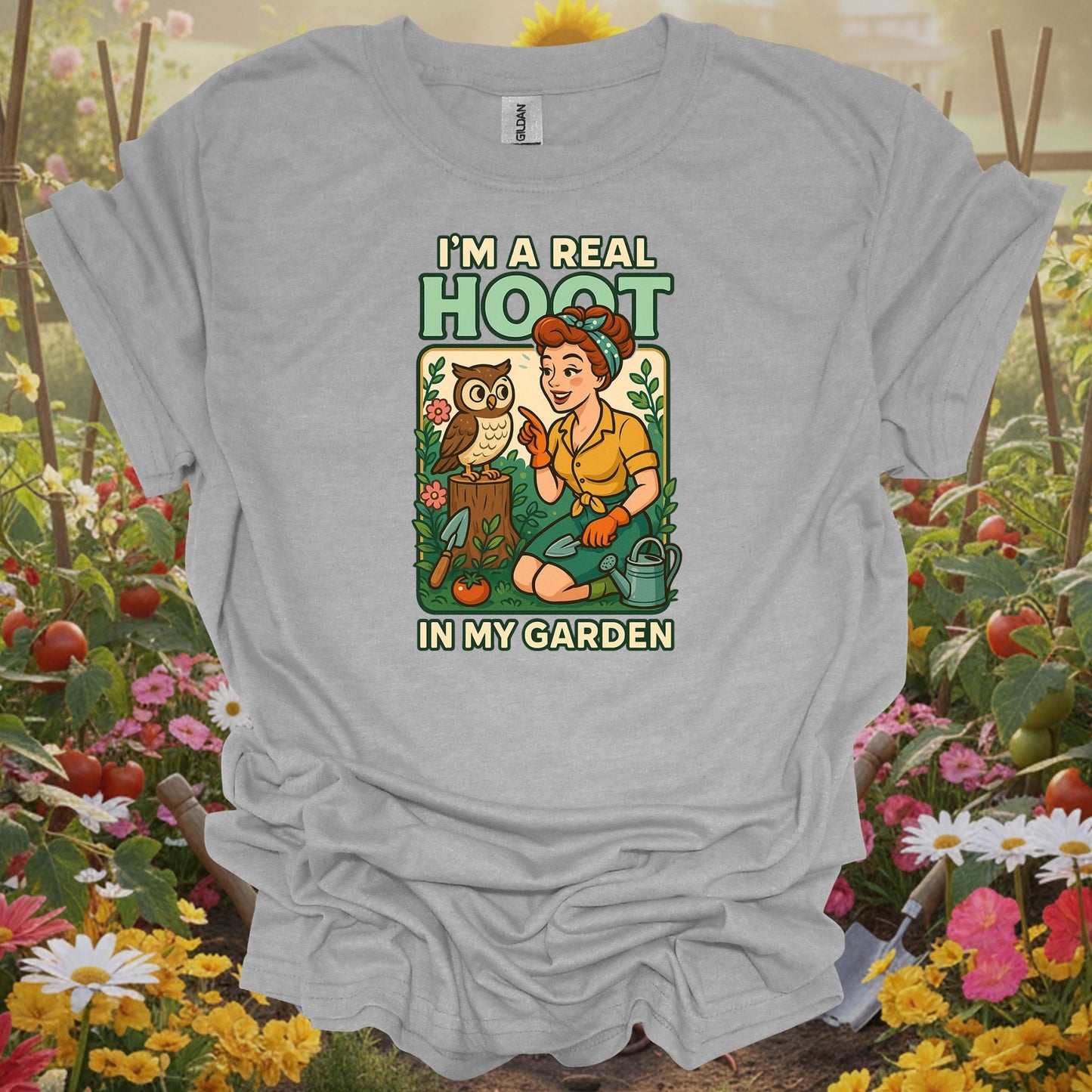 Sport gray tshirt showing a charming owl who represents the wise and slightly cynical spirit of a veteran gardener for empty nesters redesigning garden spaces