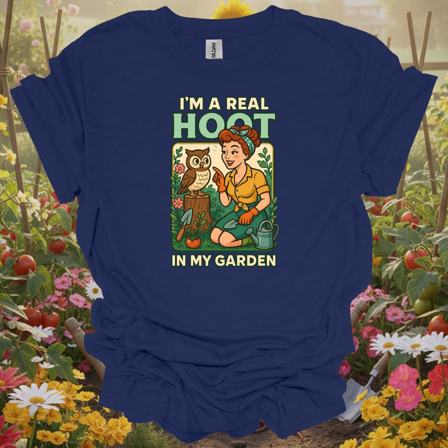 Navy tshirt showing a charming owl who represents the wise and slightly cynical spirit of a veteran gardener for empty nesters redesigning garden spaces
