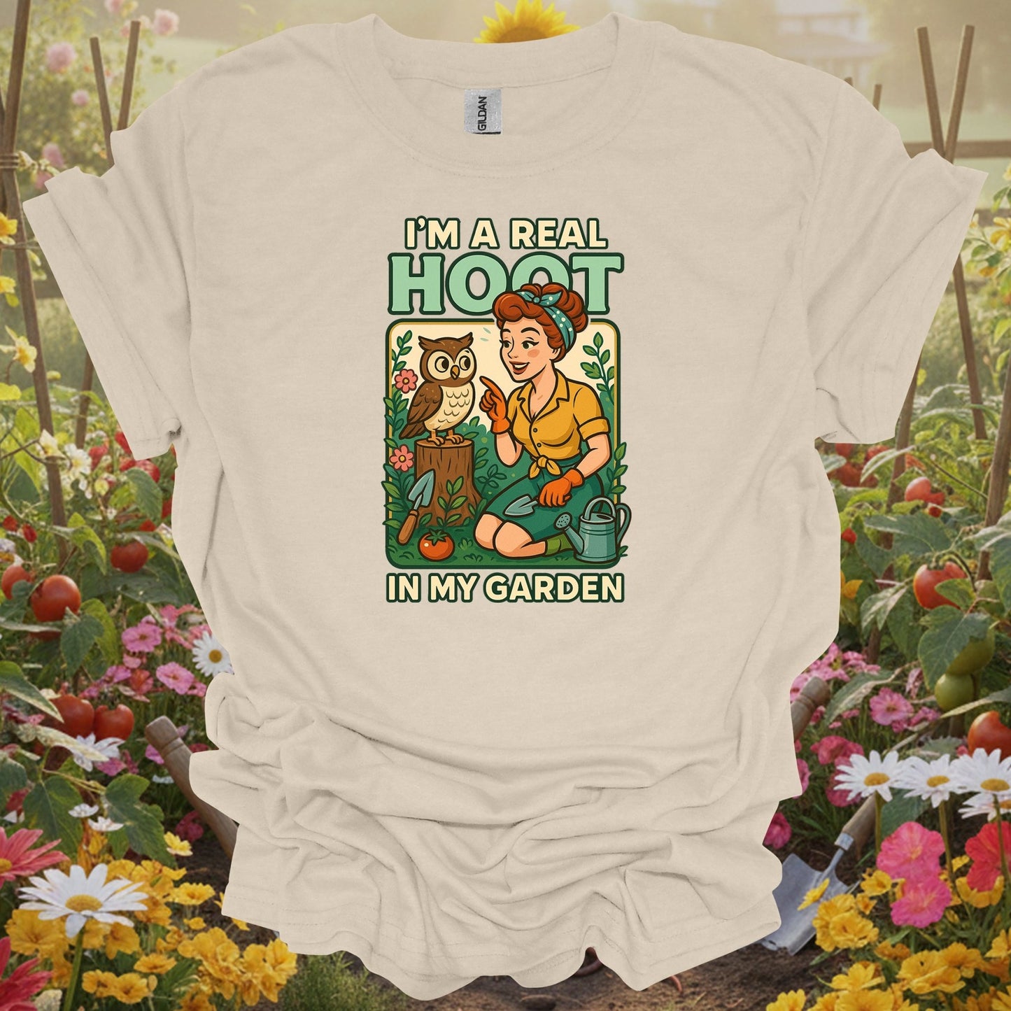 Natural tshirt showing a charming owl who represents the wise and slightly cynical spirit of a veteran gardener for empty nesters redesigning garden spaces