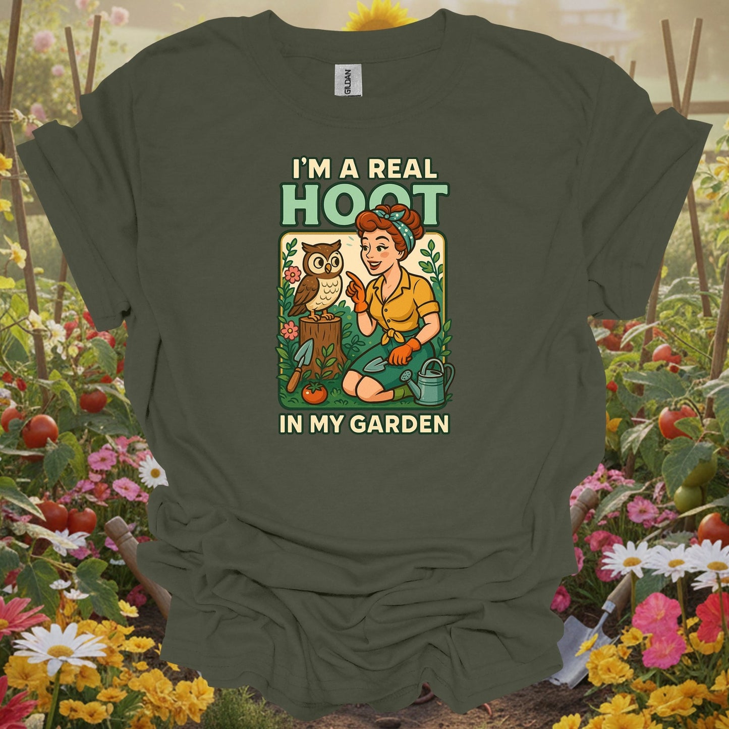 Military Green tshirt showing a charming owl who represents the wise and slightly cynical spirit of a veteran gardener for empty nesters redesigning garden spaces