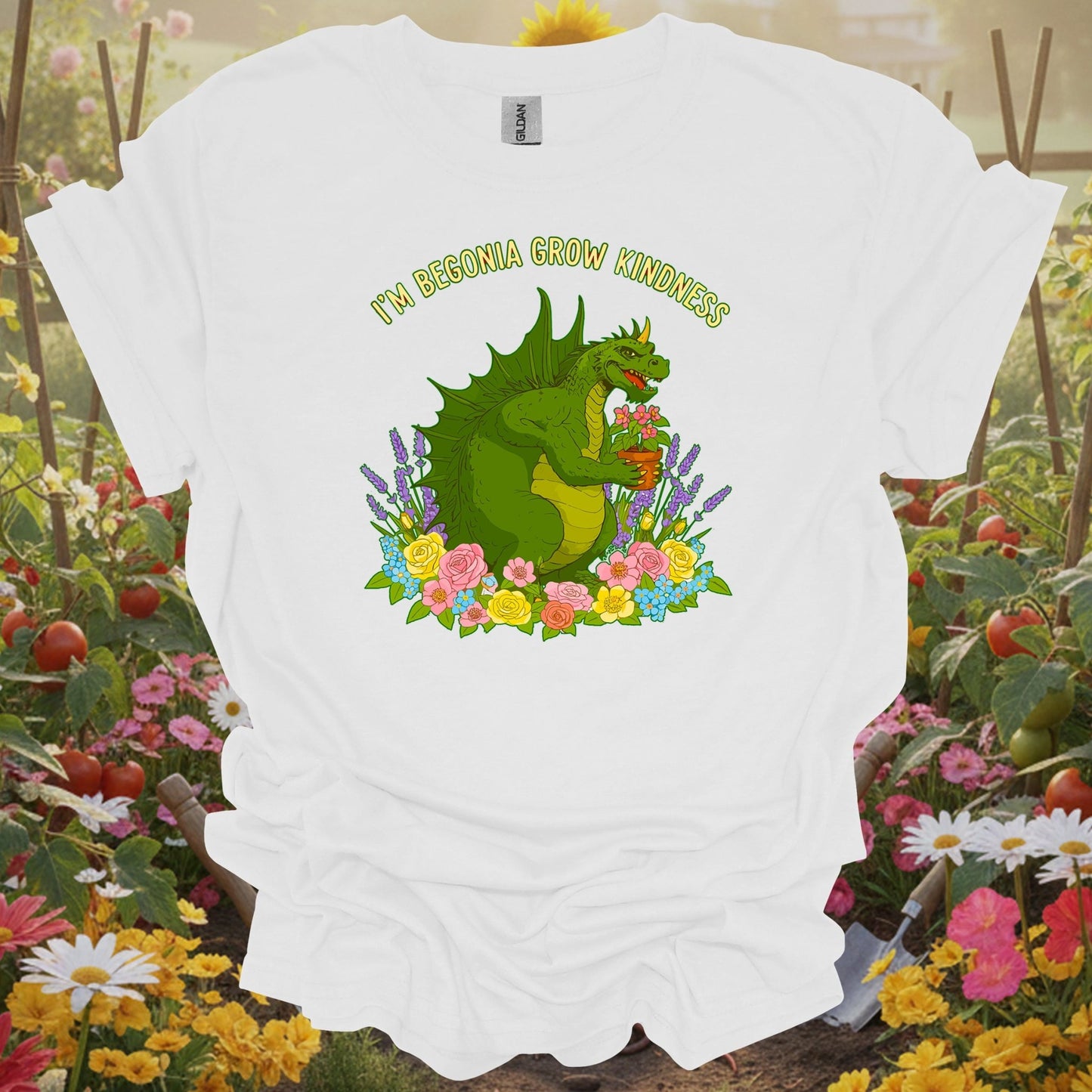 White tee showing im begonia grow kindness witty flower pun for garden hobbyists