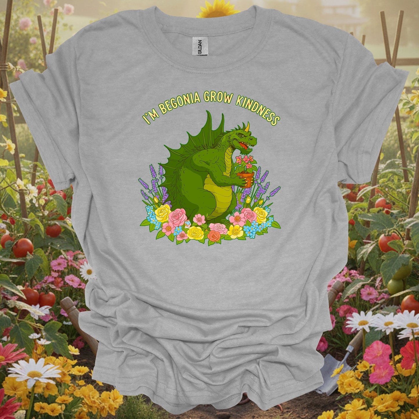 Sport Grey tshirt showing im begonia grow kindness witty flower pun for backyard growers