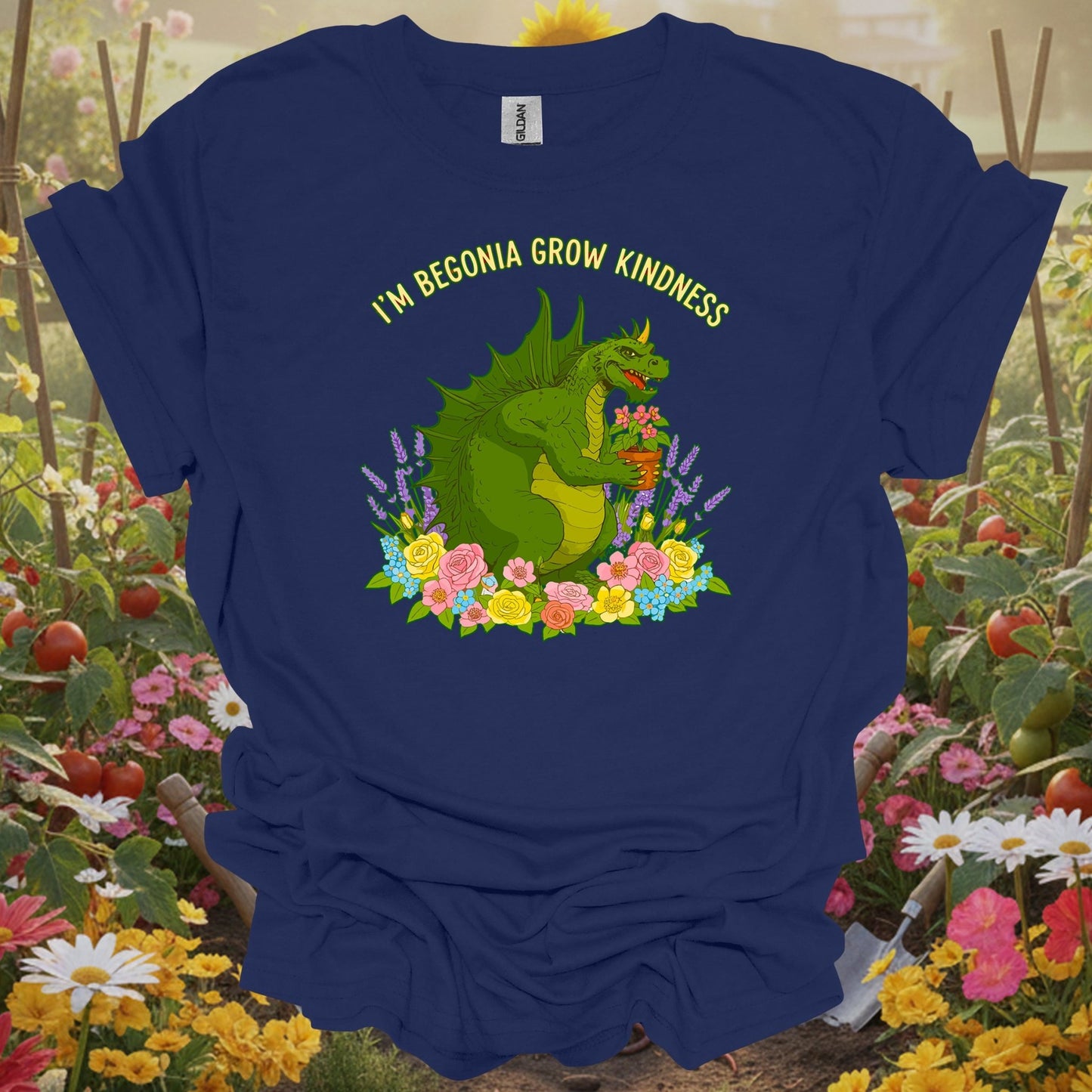 Navy tshirt showing im begonia grow kindness witty flower pun for gardening enthusiasts