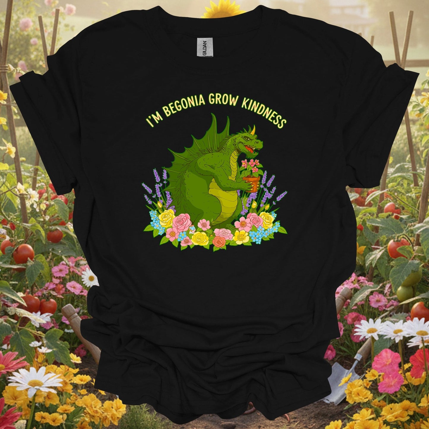 Black shirt showing im begonia grow kindness witty flower pun for outdoor enthusiasts