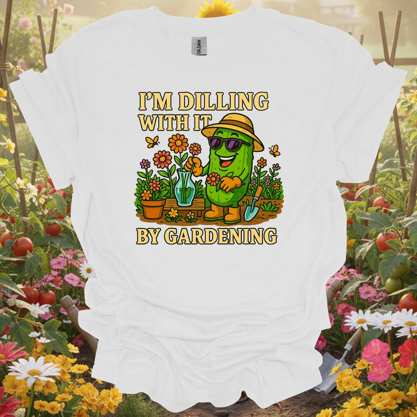 White tee showing im dilling with it by gardening funny pickle for garden hobbyists
