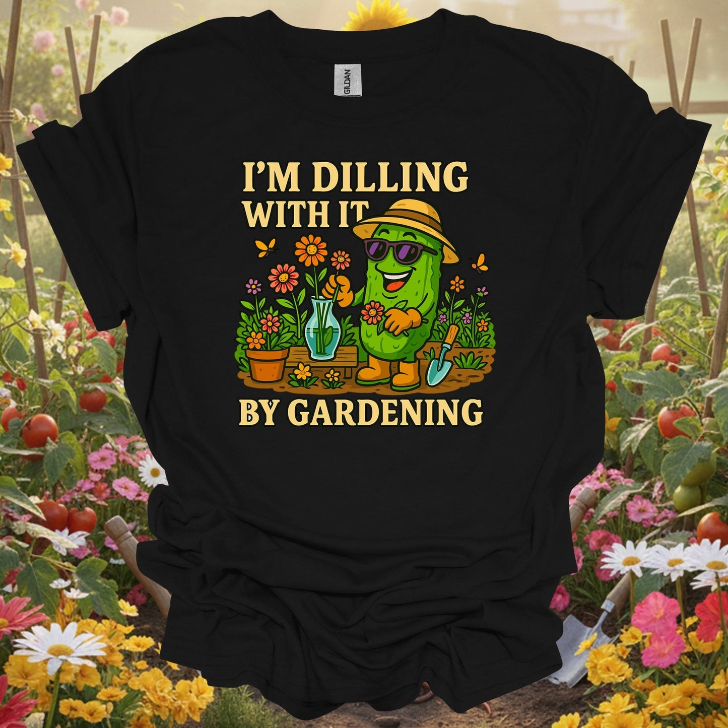 Black shirt showing im dilling with it by gardening funny pickle for outdoor enthusiasts