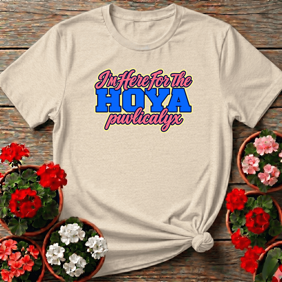 Natural vintage collegiate houseplant top with "I'm Here for the Hoya Puvlicalyx" for plant nerds