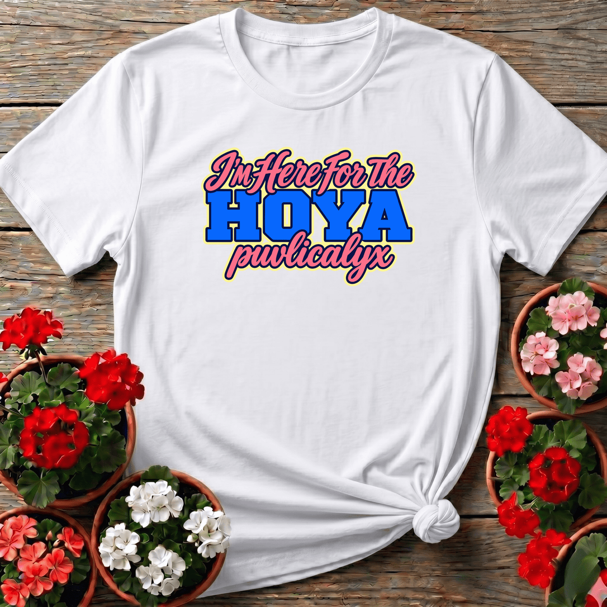 White bold pop-art houseplant shirt with "I'm Here for the Hoya Puvlicalyx" for tropical plant lovers