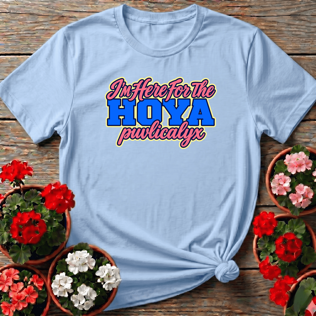 Light Blue pop-art varsity style hoya gardening tee for tropical plant lovers