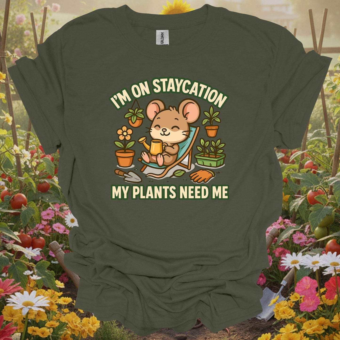 Military green tshirt showing a charming mouse gardener who knows that the best "staycation" involves a trowel and a watering can for sulfur users lowering pH levels