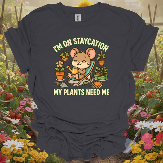 Charcoal tshirt showing a charming mouse gardener who knows that the best "staycation" involves a trowel and a watering can for sulfur users lowering pH levels