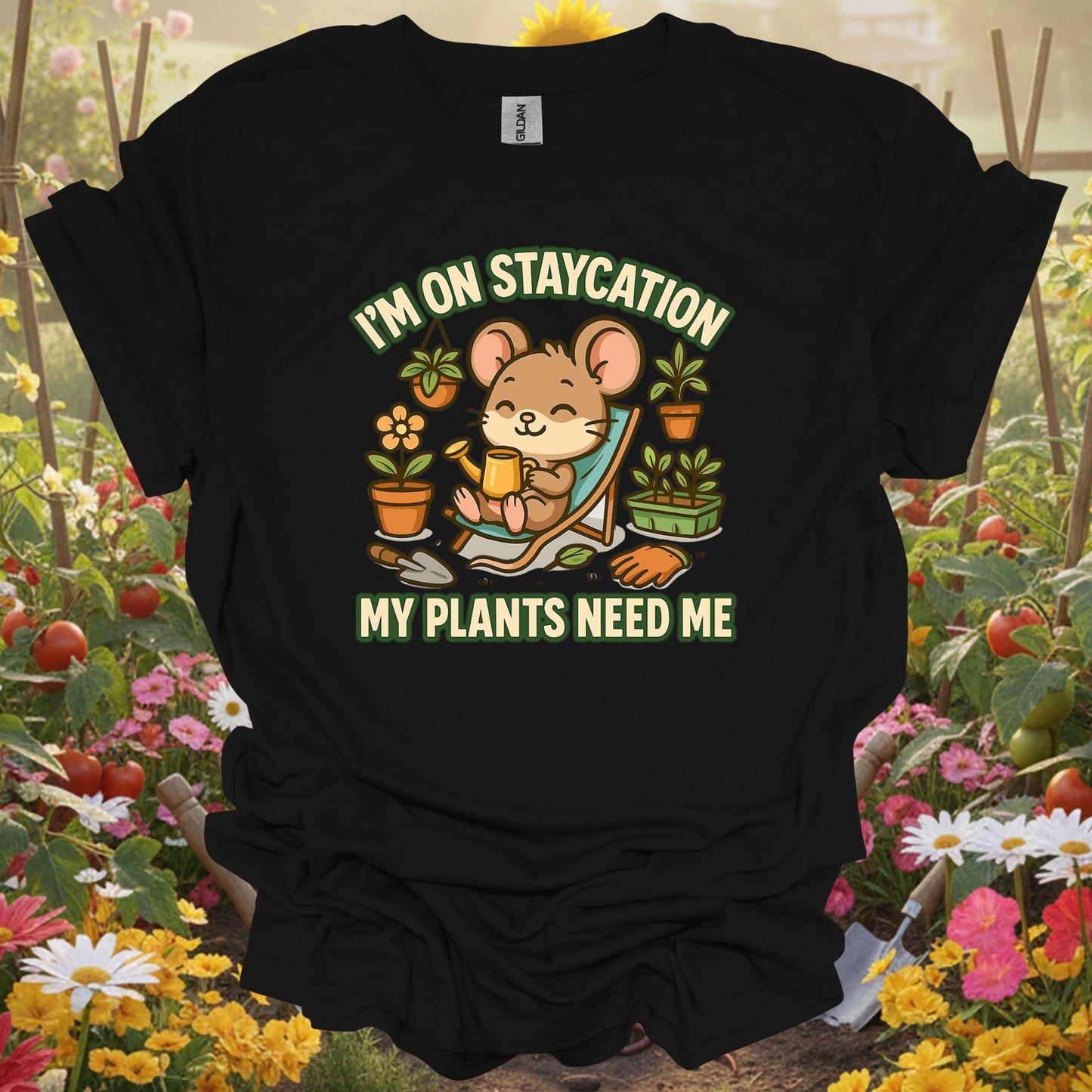 Black tshirt showing a charming mouse gardener who knows that the best "staycation" involves a trowel and a watering can for sulfur users lowering pH levels