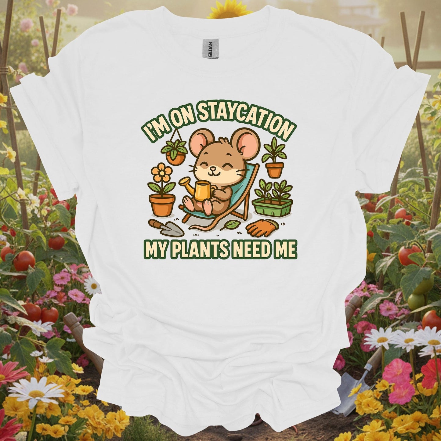Whtie tshirt showing a charming mouse gardener who knows that the best "staycation" involves a trowel and a watering can for sulfur users lowering pH levels