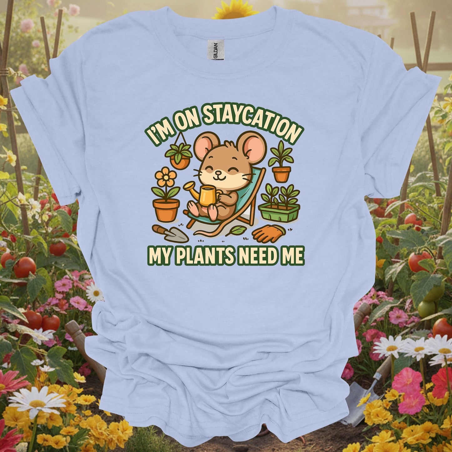 LIght blue tshirt showing a charming mouse gardener who knows that the best "staycation" involves a trowel and a watering can for sulfur users lowering pH levels