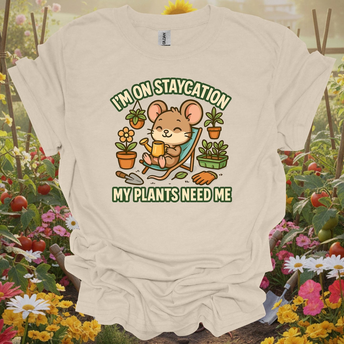 Natural tshirt showing a charming mouse gardener who knows that the best "staycation" involves a trowel and a watering can for sulfur users lowering pH levels