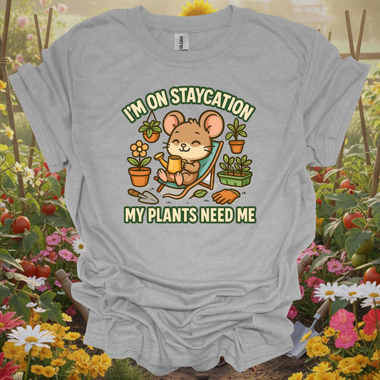 Sport Grey tshirt showing a charming mouse gardener who knows that the best "staycation" involves a trowel and a watering can for sulfur users lowering pH levels