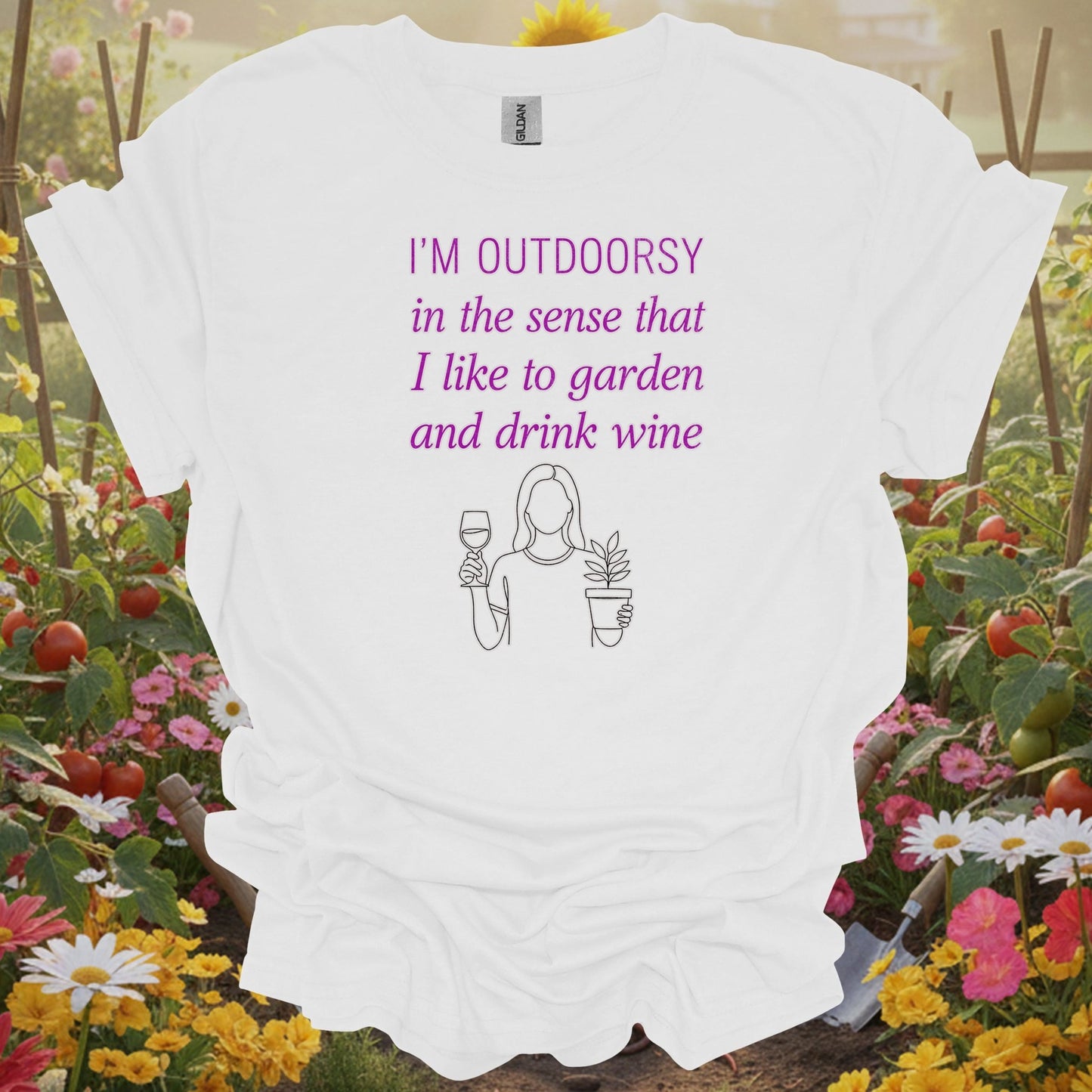 White tee showing i'm outdoorsy garden and drink wine funny for garden hobbyists