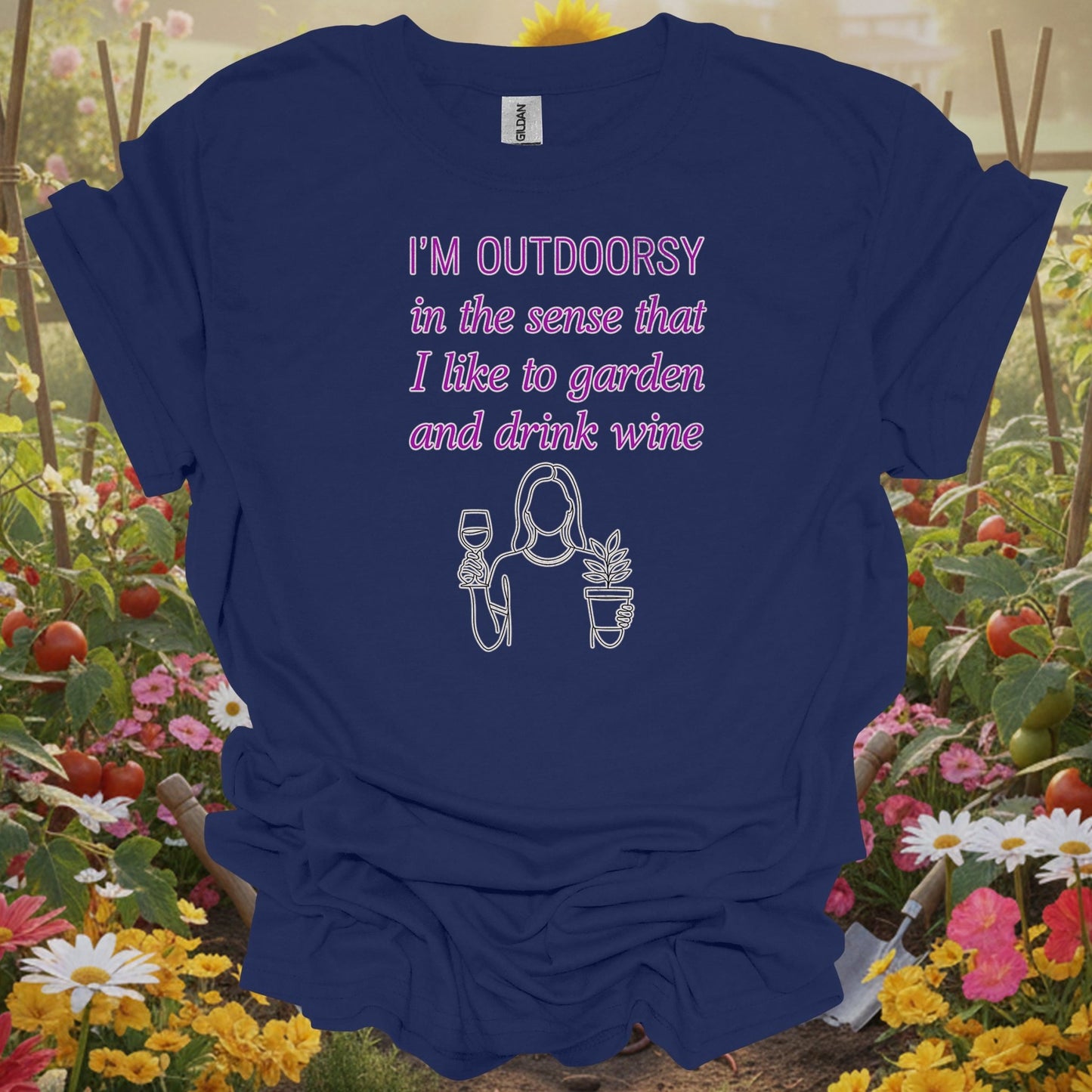 Navy tshirt showing i'm outdoorsy garden and drink wine funny for gardening enthusiasts