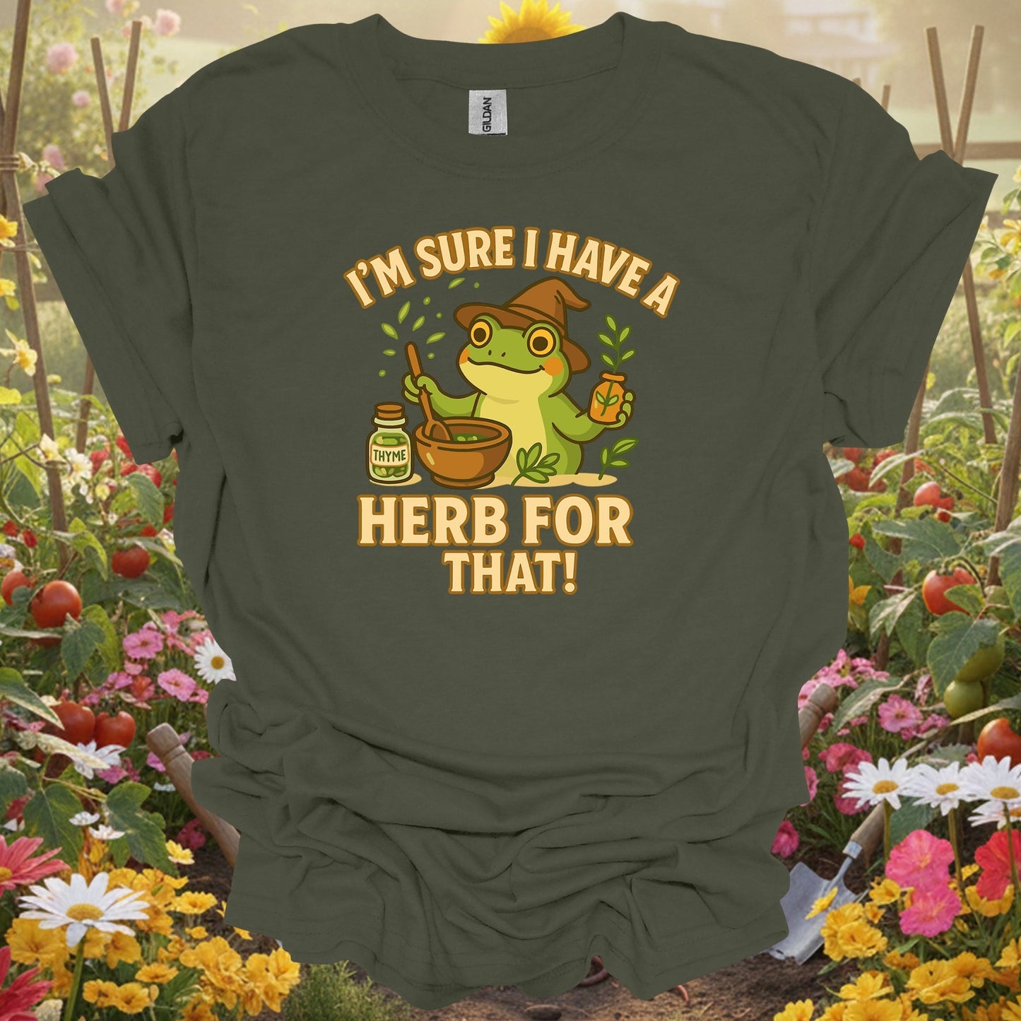 Military Green top showing i have a herb for that apothecary frog for nature lovers