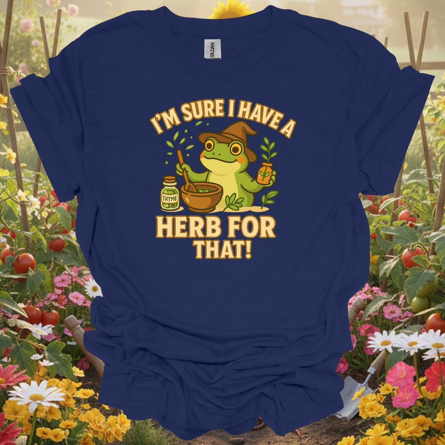 Navy top showing i have a herb for that apothecary frog for green thumb folks