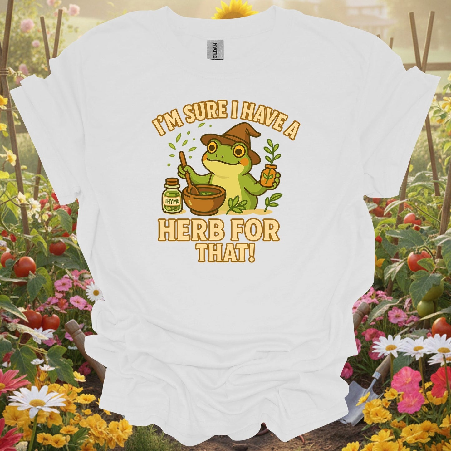 White tee showing i have a herb for that apothecary frog for garden hobbyists