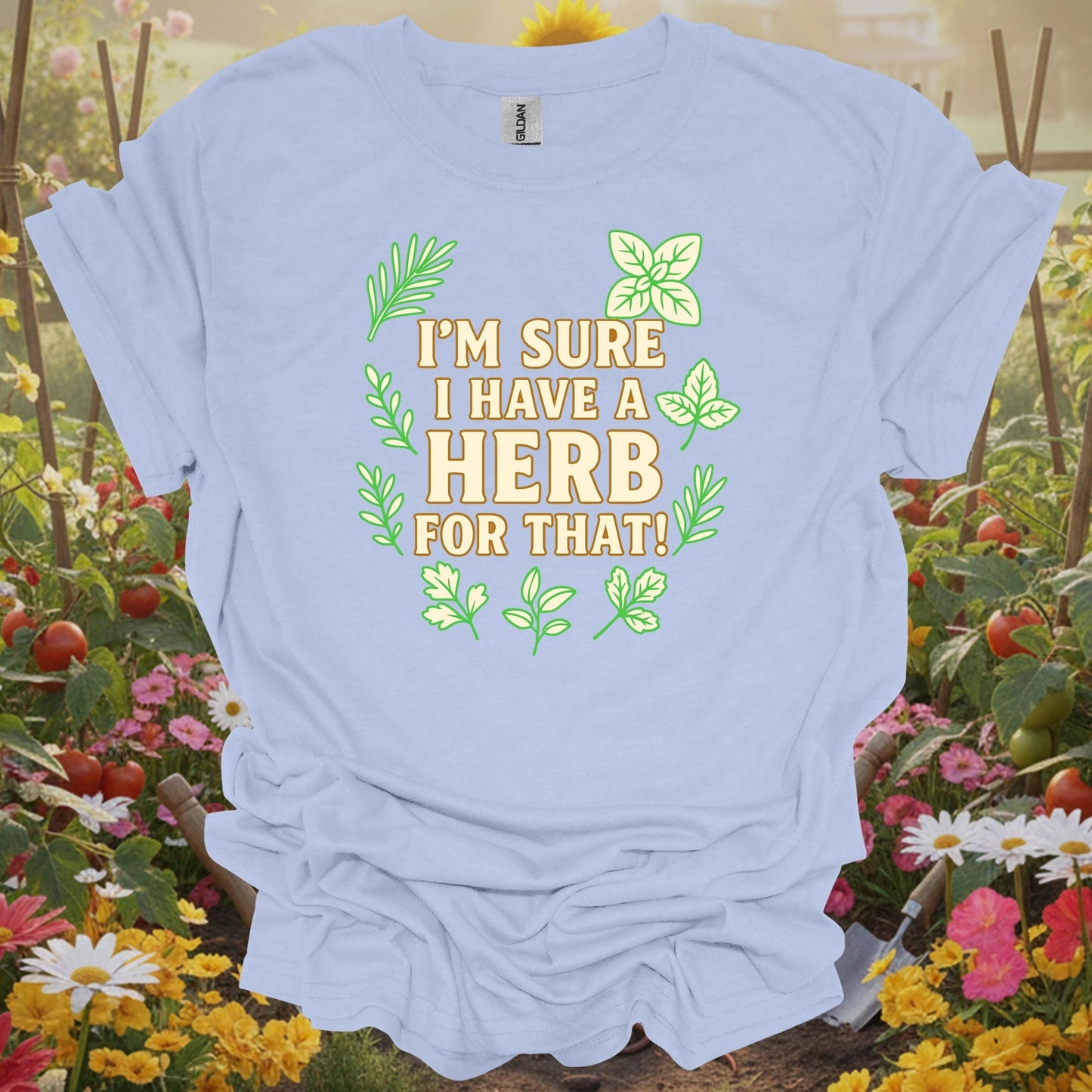 Light Blue shirt with a botanical herb theme making a beautiful and mindful gift T-shirt for any plant poet or healer.