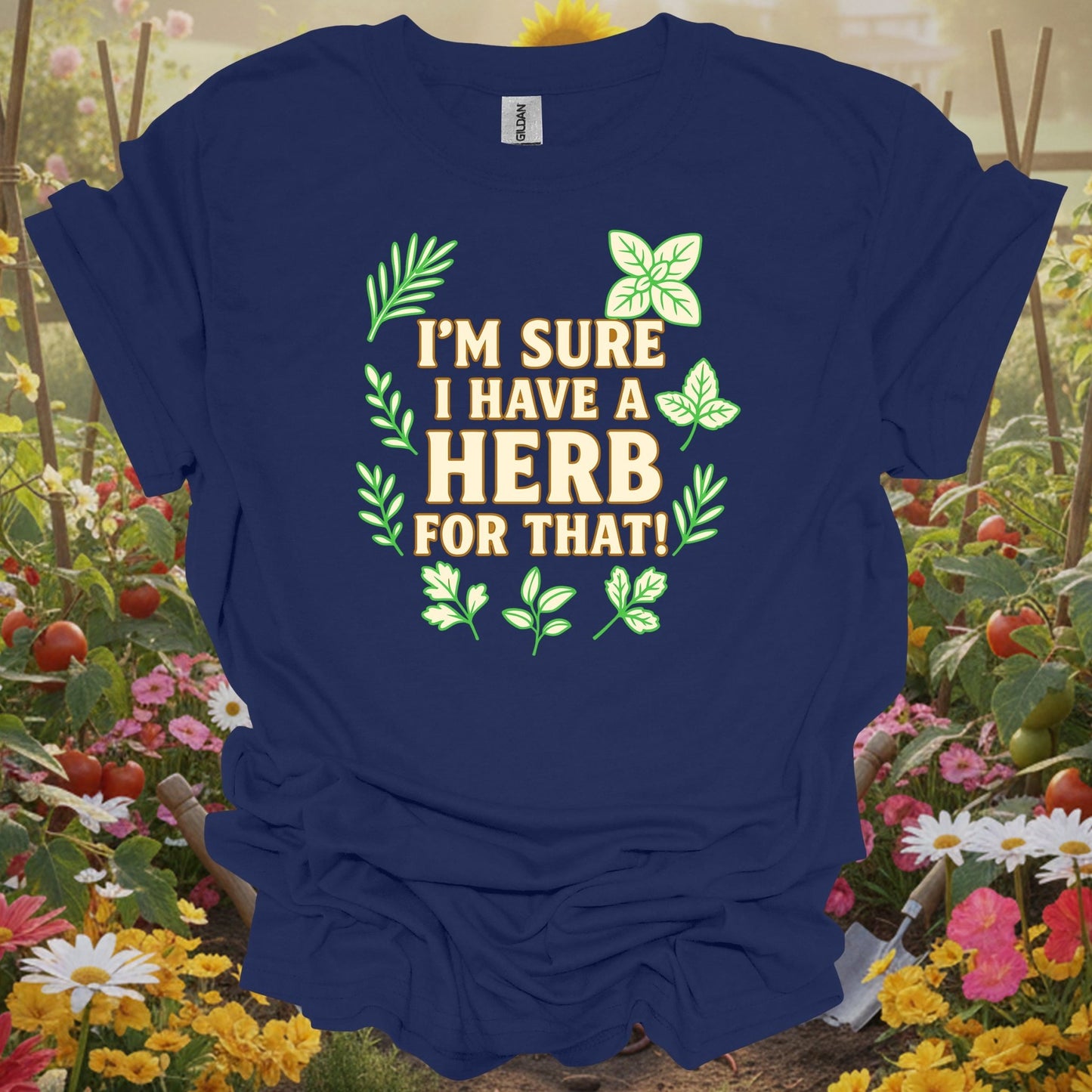 Navy top with a retro storybook botanical graphic that captures a peaceful and soulful homesteading vibe on this tee.