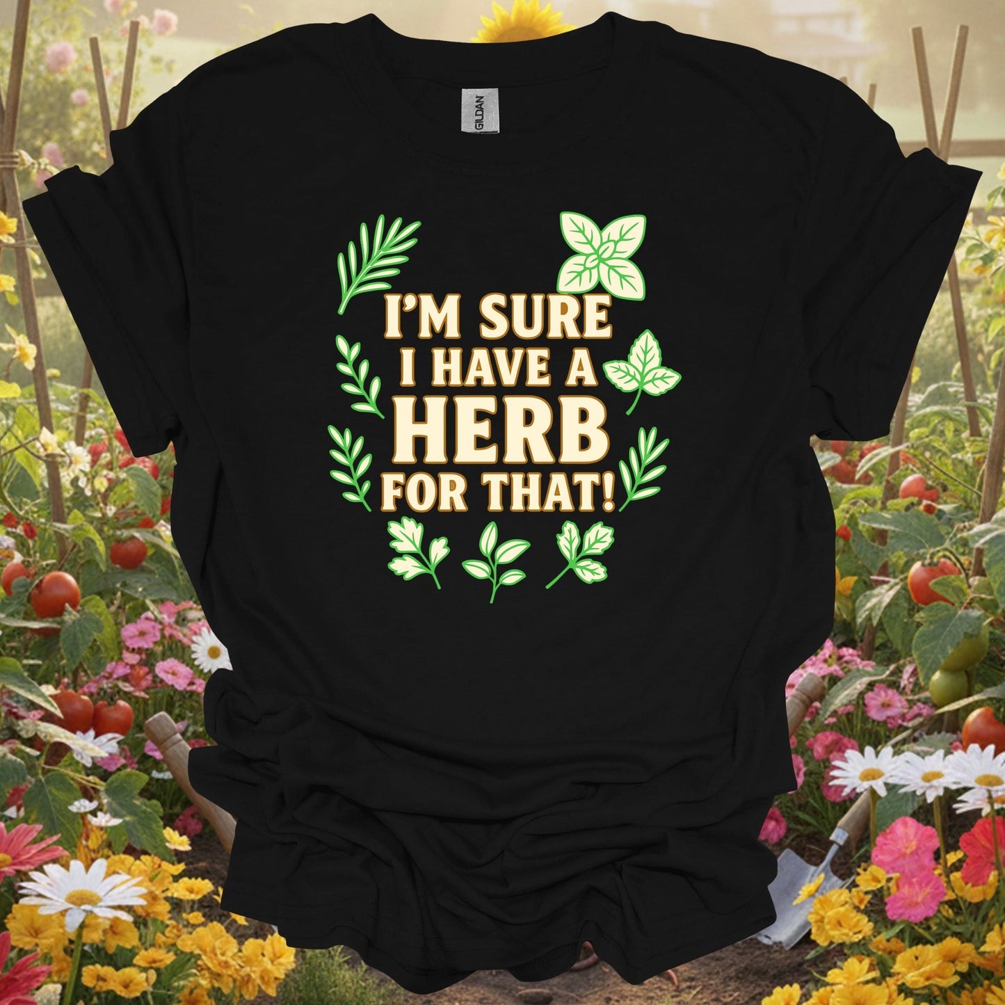 Black t-shirt with a vibrant green herb theme that fits a modern slow-living lifestyle and earthy aesthetic.