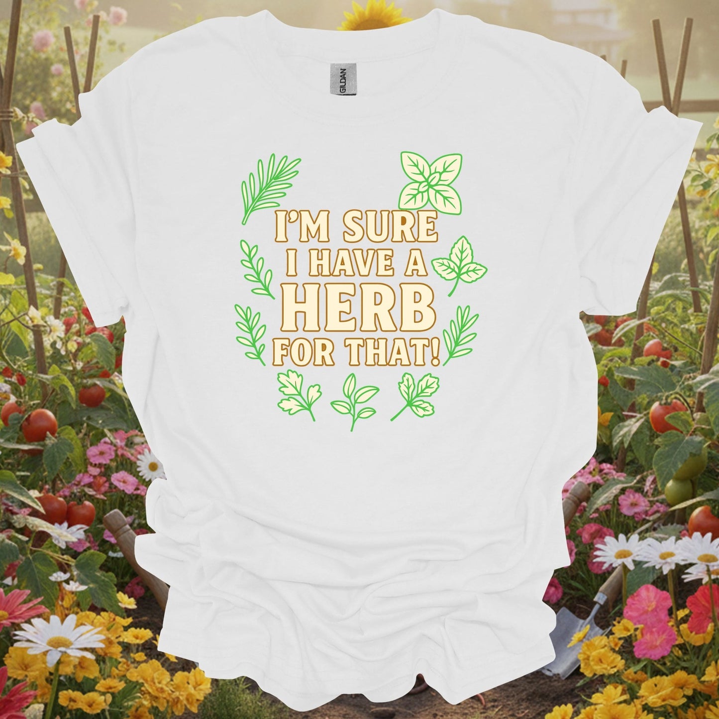 White shirt featuring a nostalgic herb garden design on a classic T-shirt for anyone who finds peace in their sanctuary.
