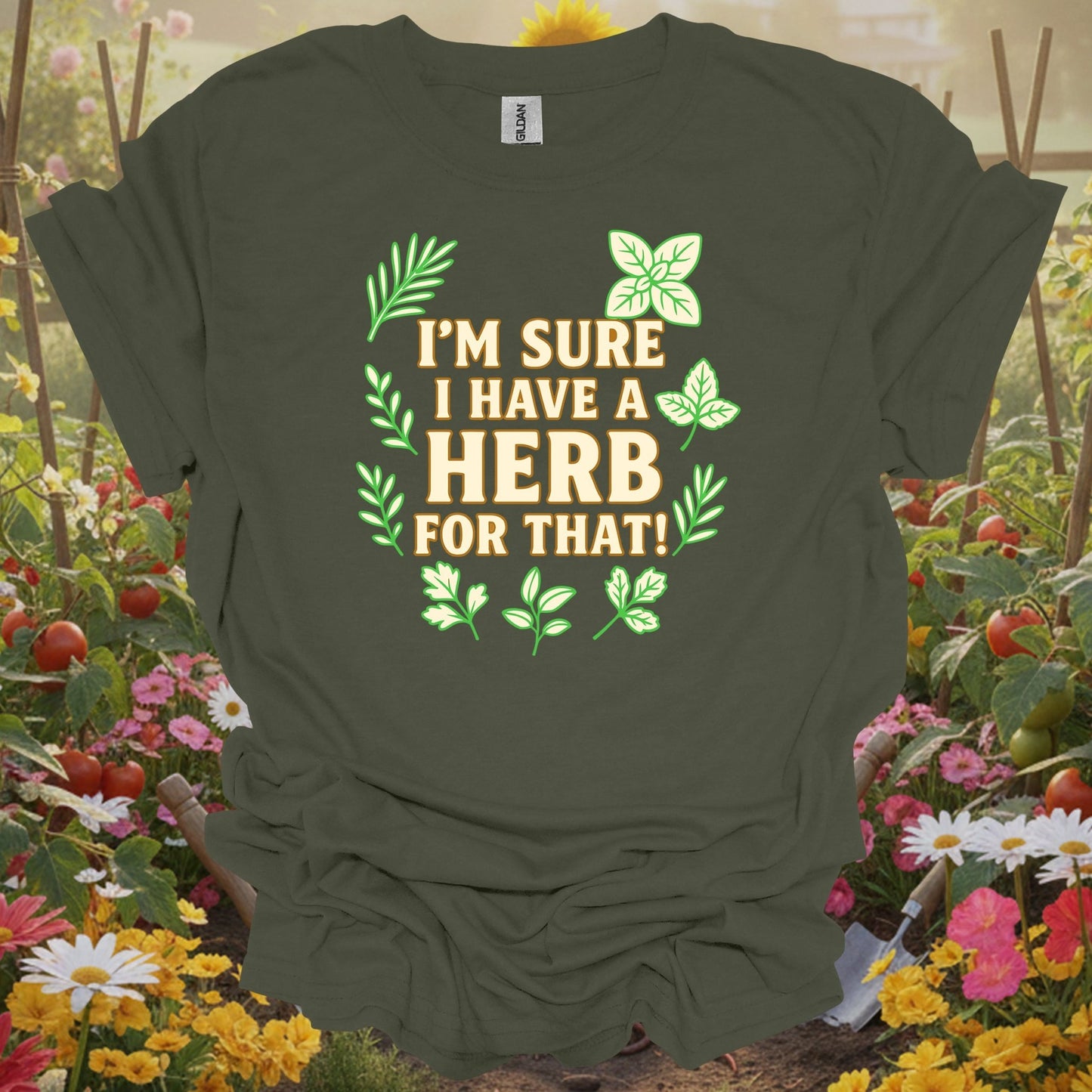 Military Green gardening tee with a retro-inspired storybook look that serves as a functional piece of art for any grower.