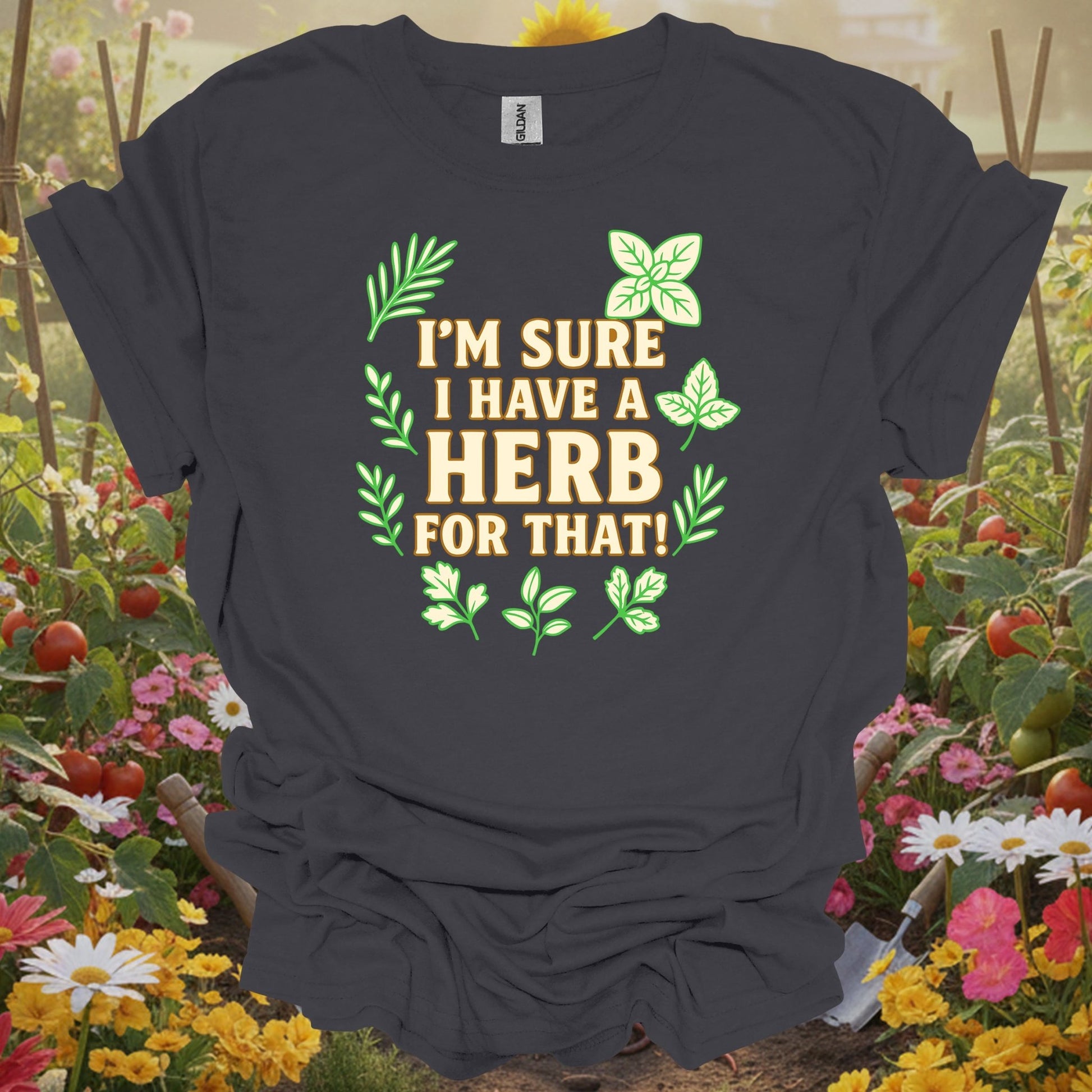 Charcoal tee featuring an herb garden design that celebrates having a natural remedy for everything in your sanctuary.