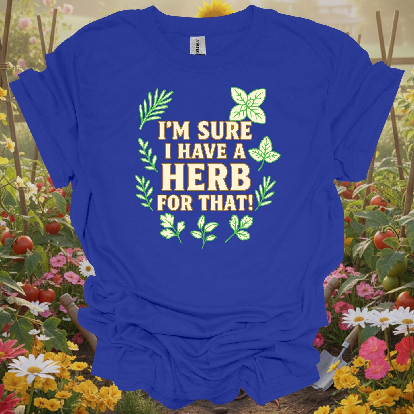 Royal apparel displaying various green herbs on a casual gardening T-shirt for those who value nature and spirit.