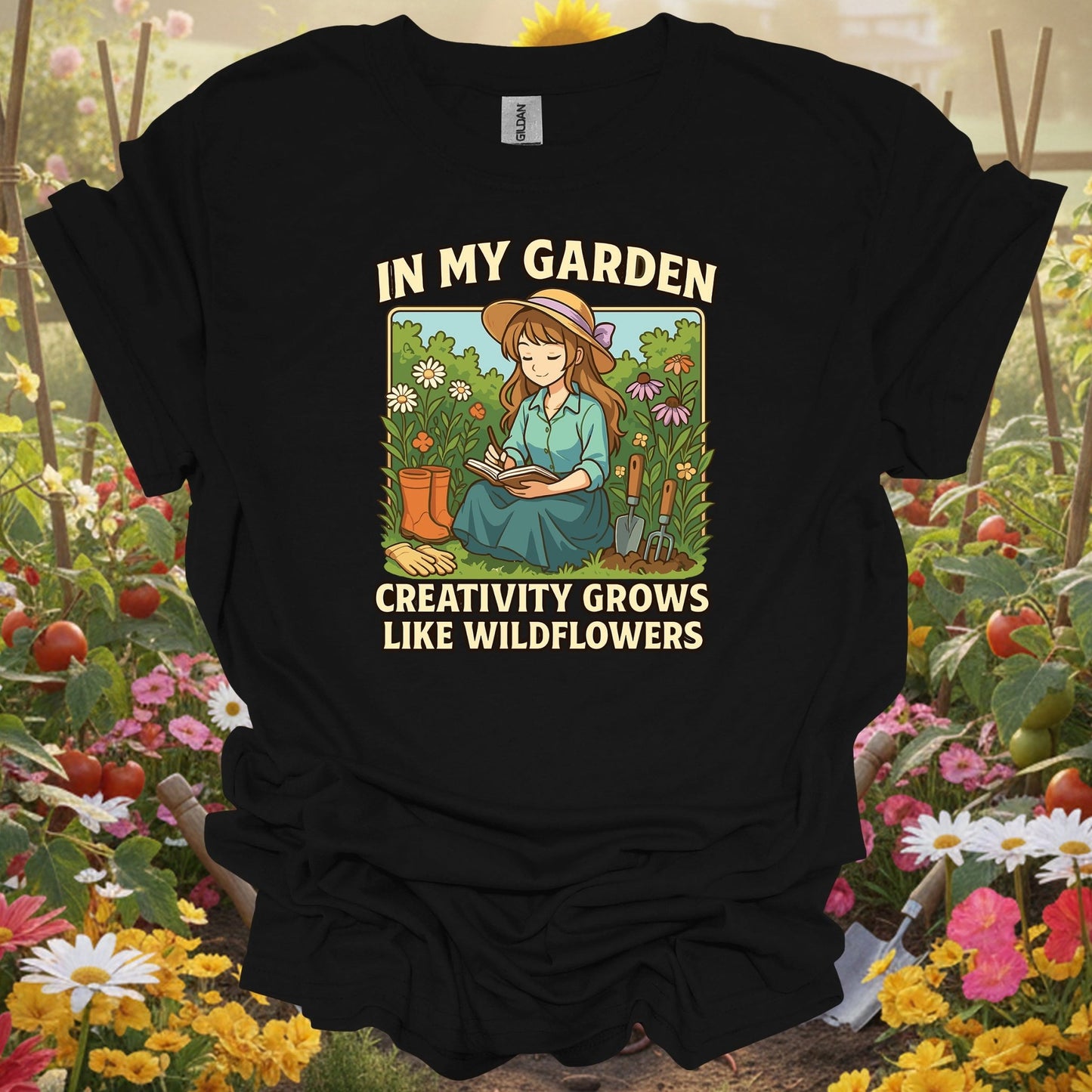 Black shirt showing anime creativity grows like wildflowers for anime art collectors