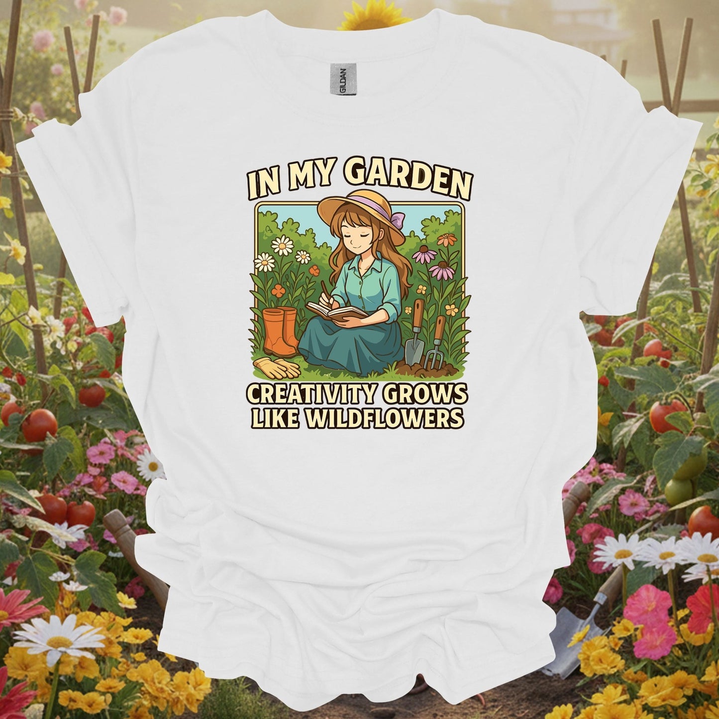 White tee showing anime creativity grows like wildflowers for otaku gardeners