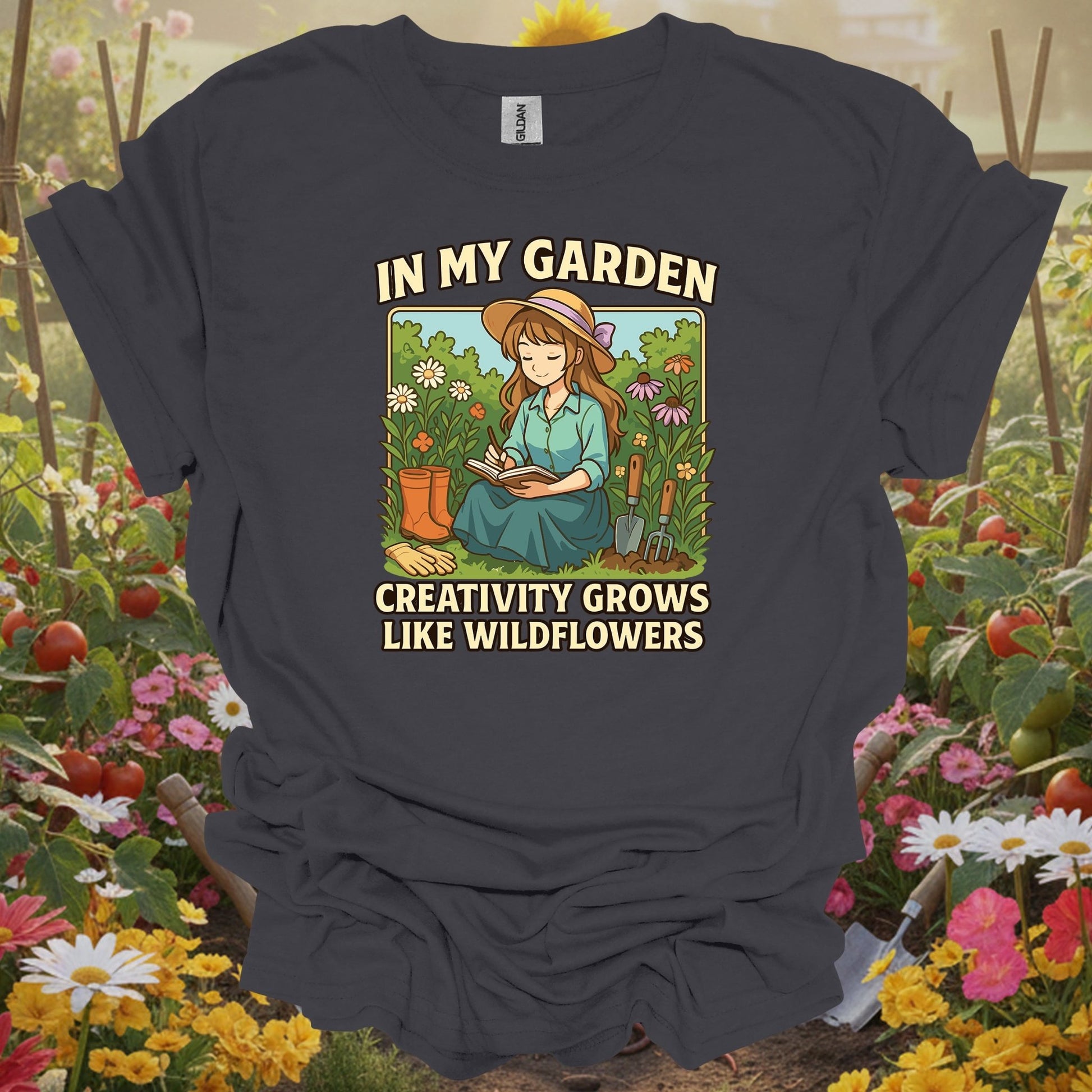Charcoal tshirt showing anime creativity grows like wildflowers for anime fans who garden