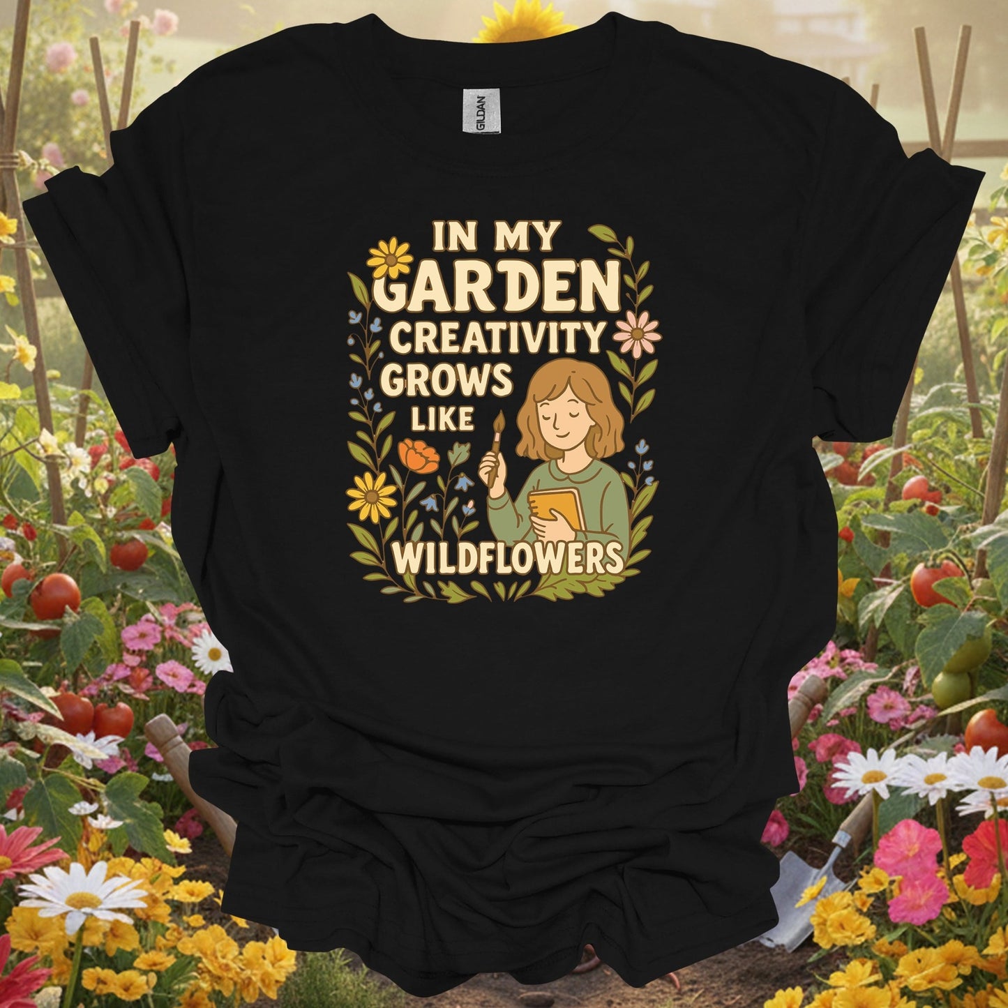Black shirt showing in my garden creativity grows like wildflowers for outdoor enthusiasts