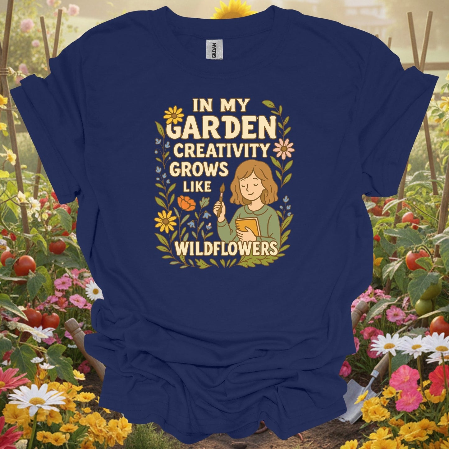 Navy shirt showing in my garden creativity grows like wildflowers for home gardeners