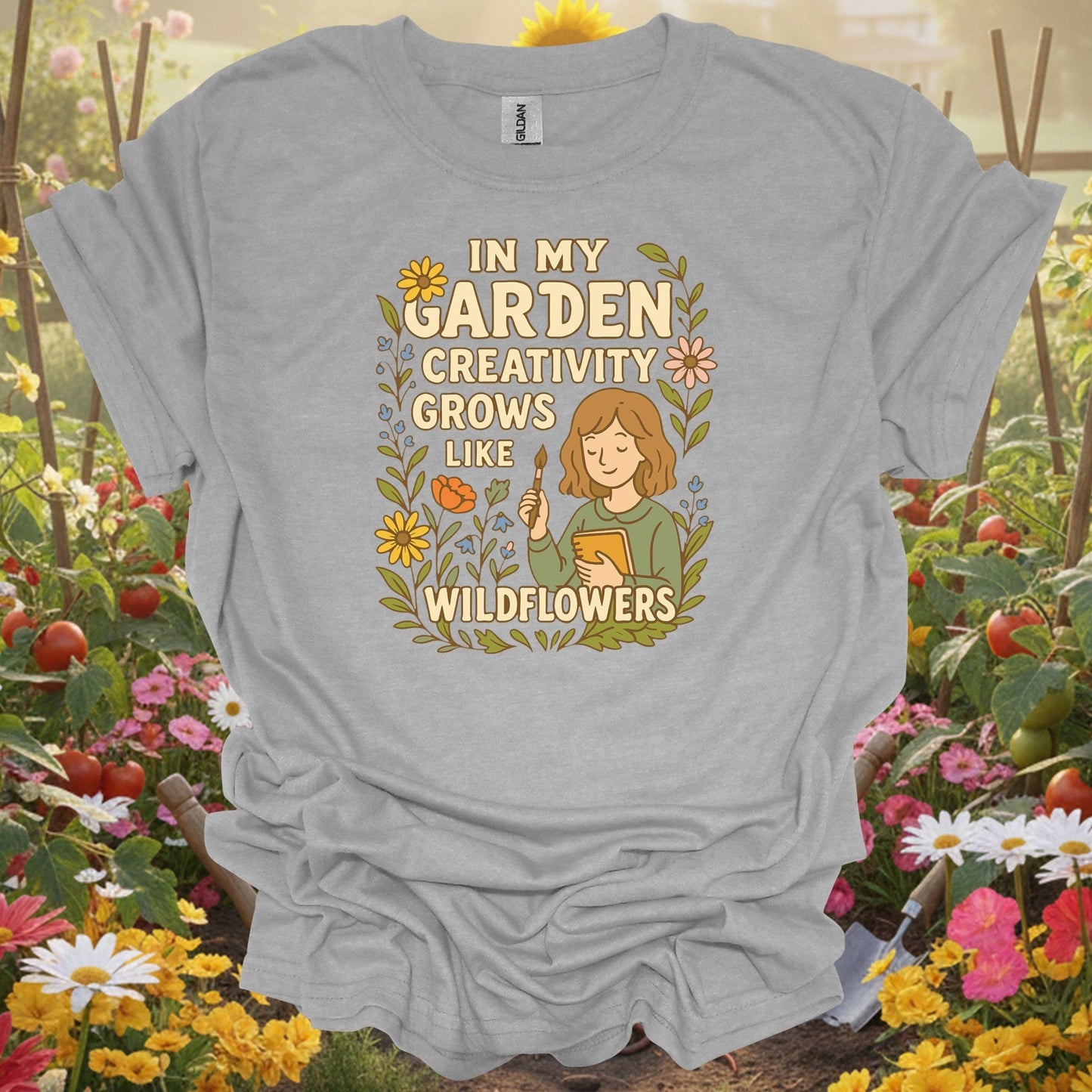 Sport Grey tshirt showing in my garden creativity grows like wildflowers for backyard growers